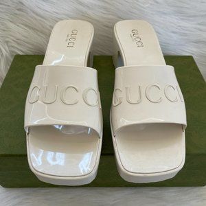Gucci Plastique Logo Embossed Rubber Jelly Mules White Platform Slide Sandal 40